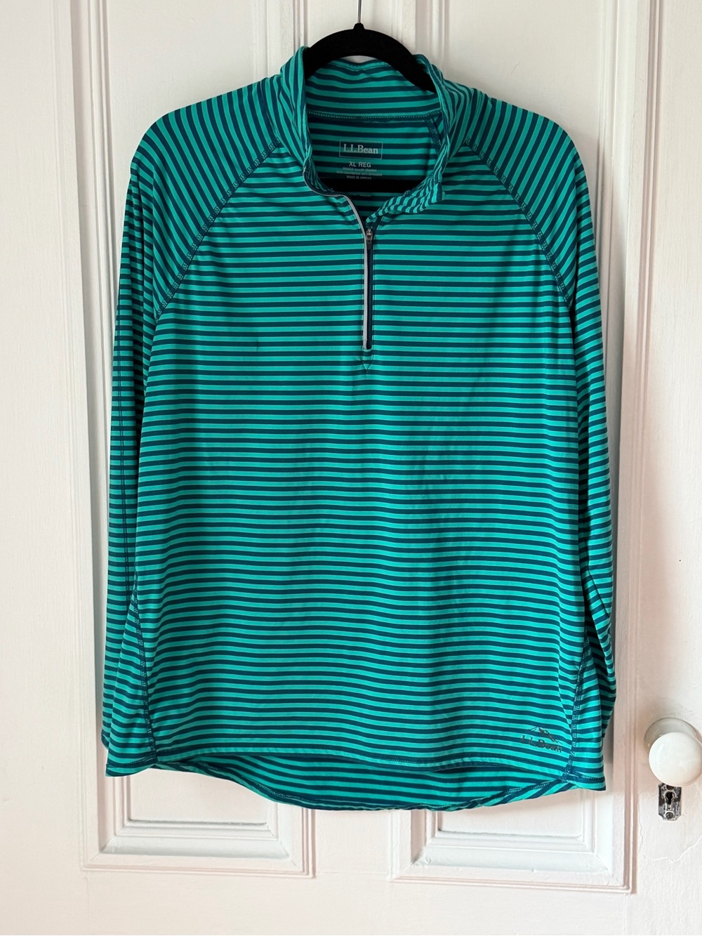 Women’s LL Bean Teal/Blue Striped Performance Half Zip Pullover Size XL